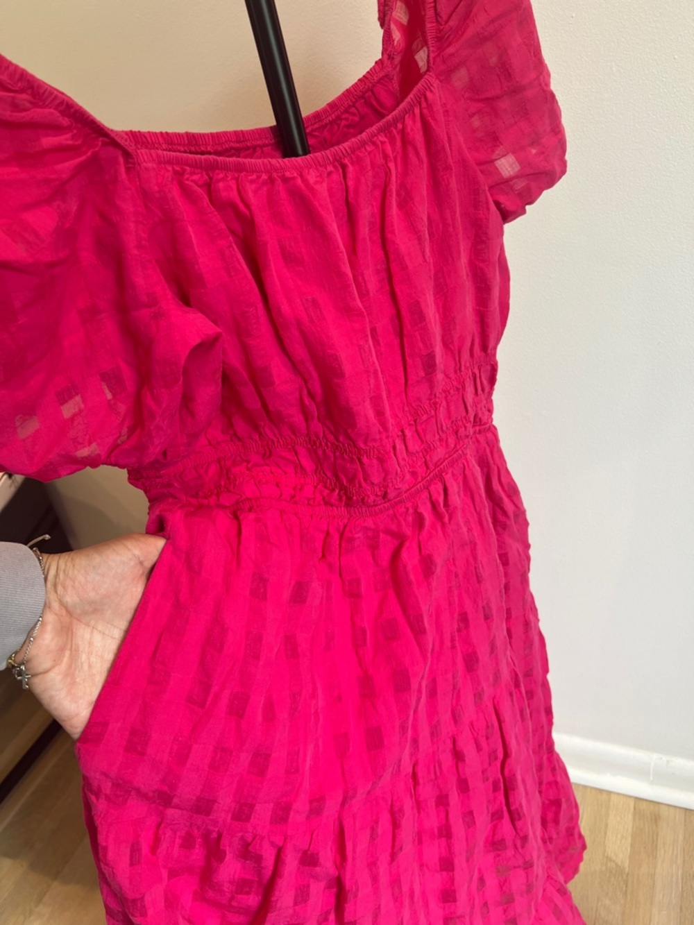 Anthropologie Hot Pink Puff-Sleeve Midi Dress - Picture 3 of 4